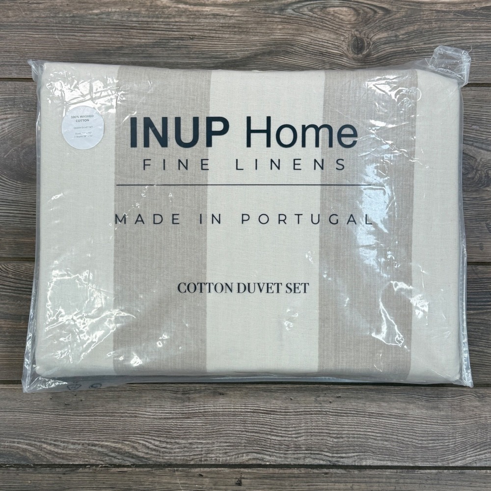 INUP Home Queen Washed Cotton Duvet‎ Set Beige Cream Stripes Made in Portugal